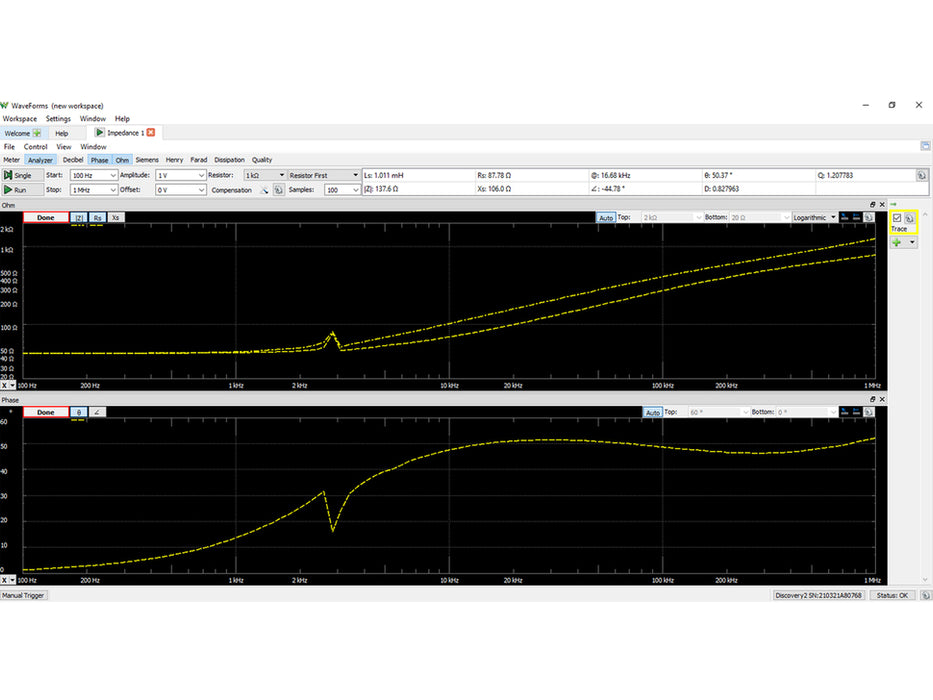 Angled shot of a Digilent Analog Discovery 2 USB Oscilloscope and Logic Analyzer.