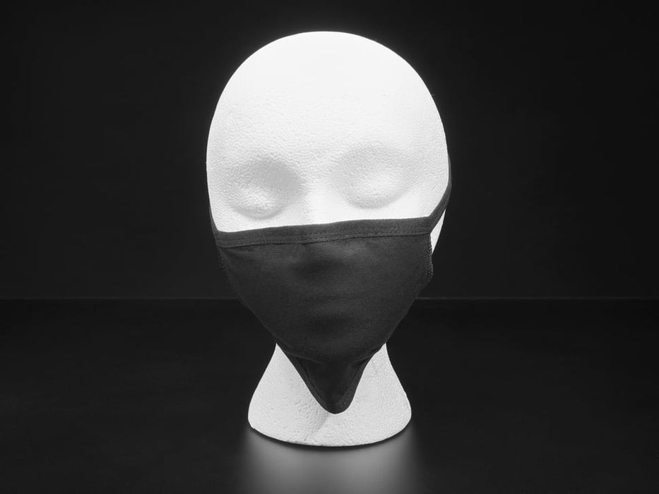 Black cloth face mask shown on a mannequin