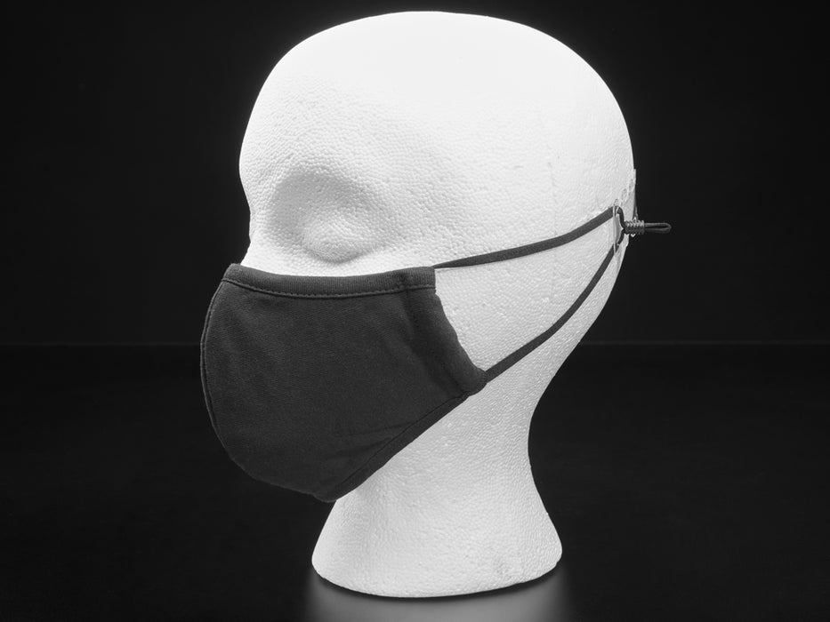 Black cloth face mask shown on a mannequin