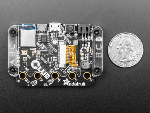 Angled shot of a Clear Acrylic Enclosure + Hardware Kit for Adafruit CLUE.