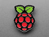 Angled shot of an enamel pin resembling a raspberry