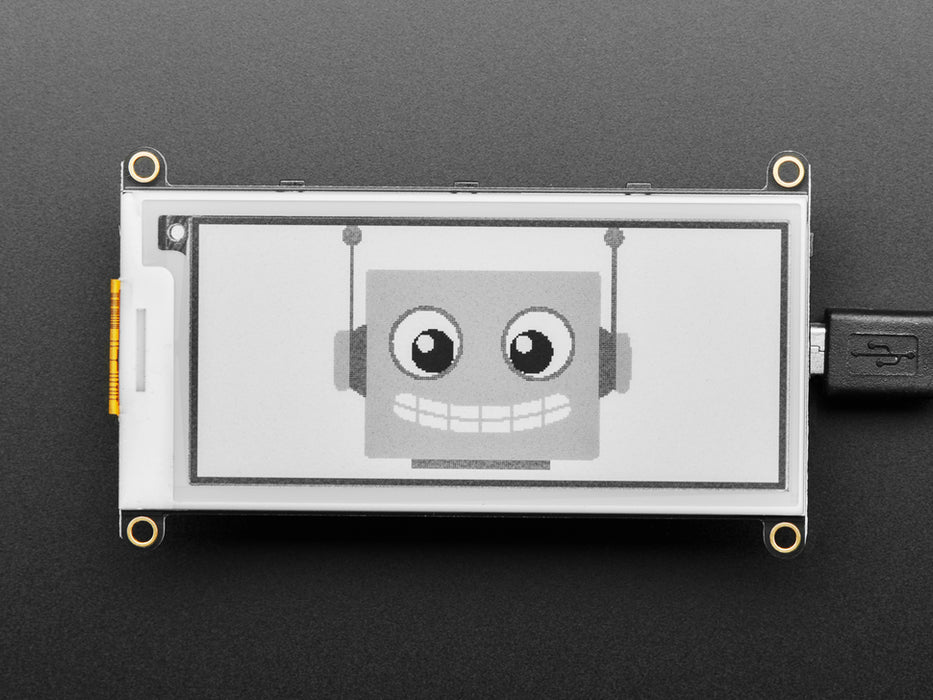 E-Ink display connected to Feather, refreshing itself with image of friendly robot