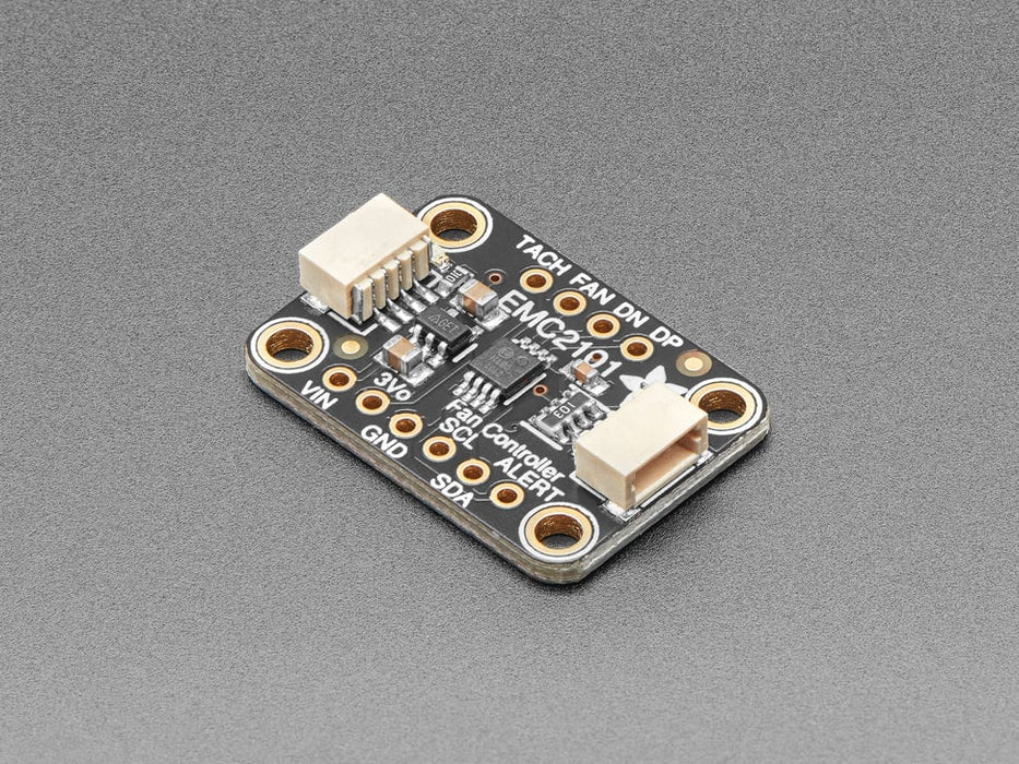 Adafruit EMC2101 I2C PC Fan Controller and Temperature Sensor wired up to Feather with OLED wing and a PC fan. A hand slows down the fan and the RPM display decreases. 