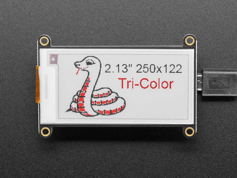 E-Ink display connected to Feather,  with image of friendly snake