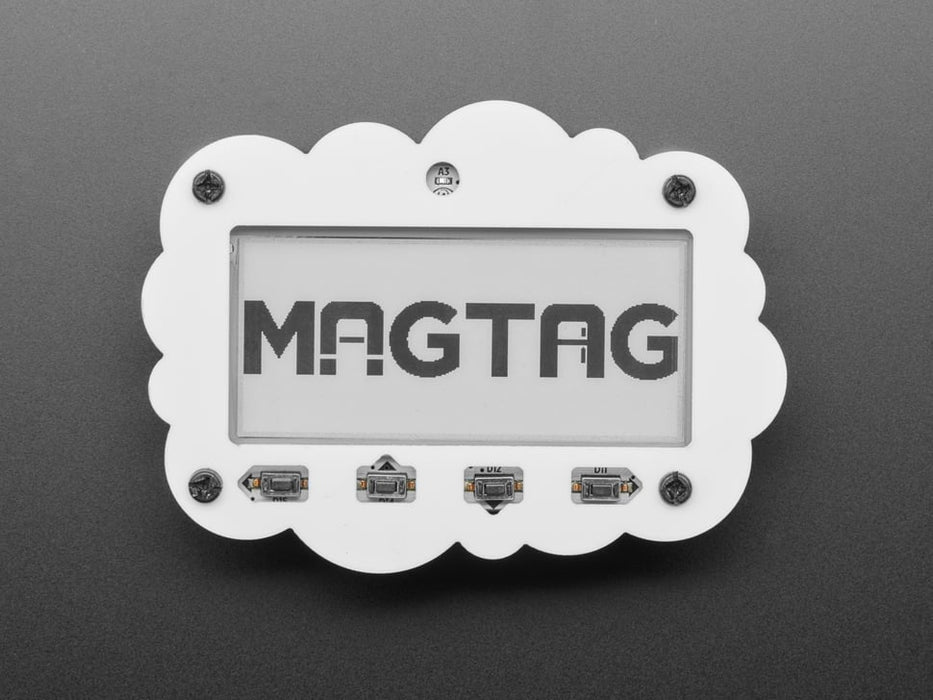 MagTag dev board with enclosure pieces, four magnet feet, and lipoly battery