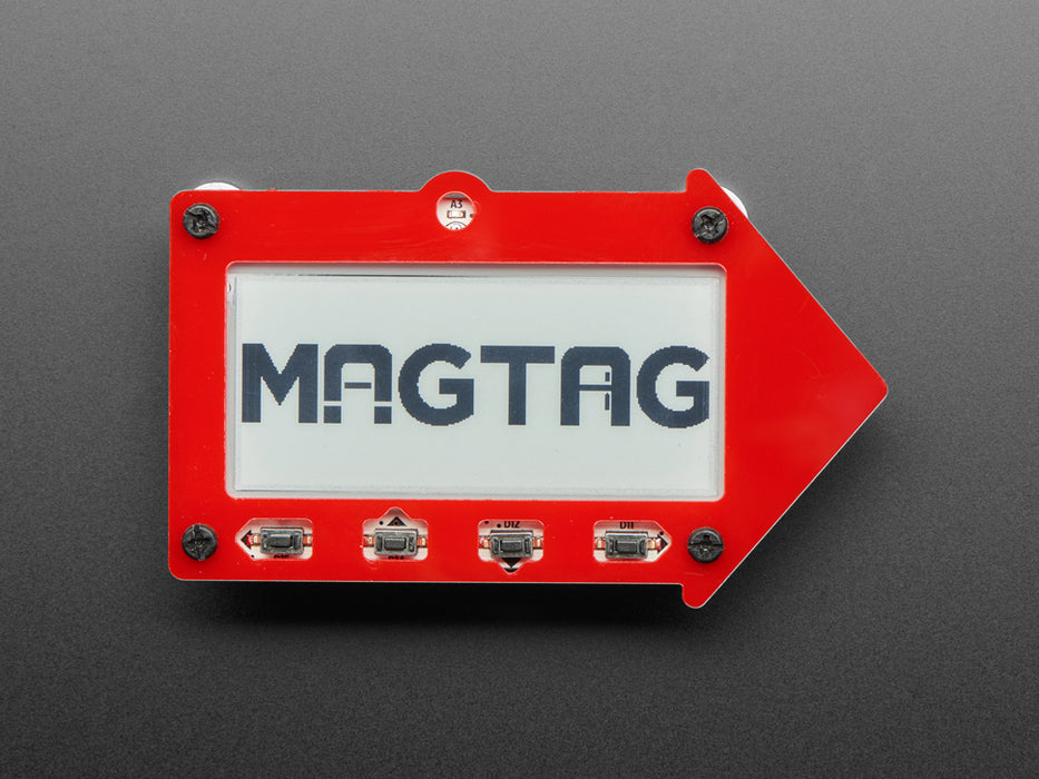 MagTag dev board with enclosure pieces, four magnet feet, and lipoly battery