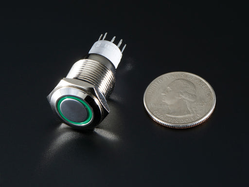 Angled shot of a Rugged Metal On/Off Switch with Green LED Ring.