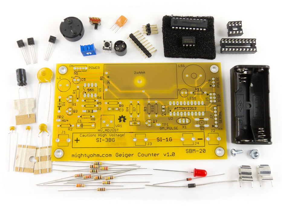 Assembled Geiger Counter Kit. Radiation Sensor with batteries and yellow PCB