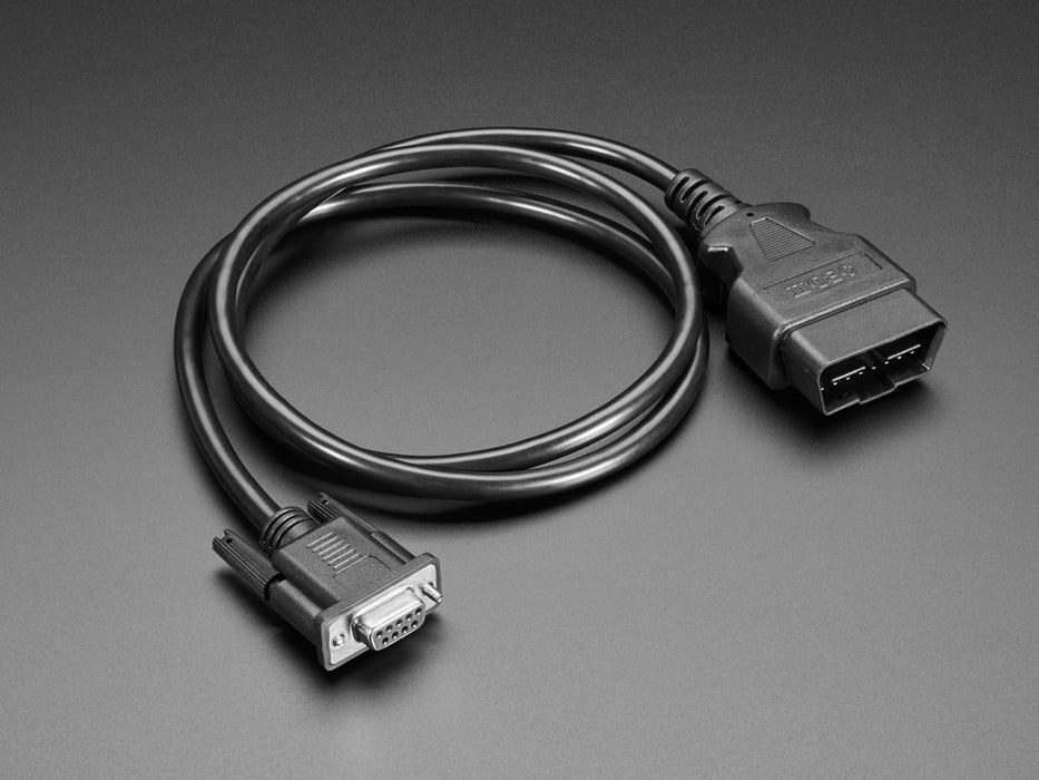 Angled shot of a 1 meter long OBD Plug (16-pin) to DE-9 (DB-9) Socket Adapter Cable.