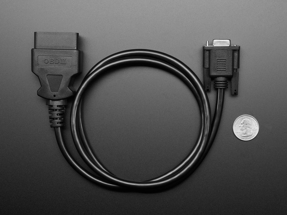 Angled shot of a 1 meter long OBD Plug (16-pin) to DE-9 (DB-9) Socket Adapter Cable.