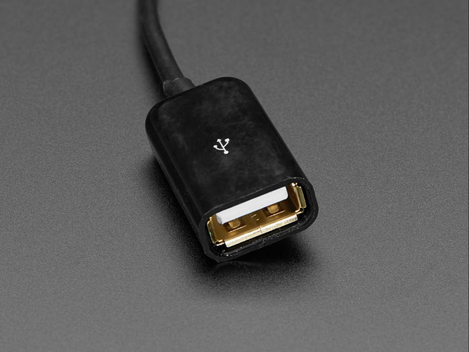 Angled shot of USB cable with on-off switch connected to a laptop port, a Raspberry Pi computer, and a USB key.