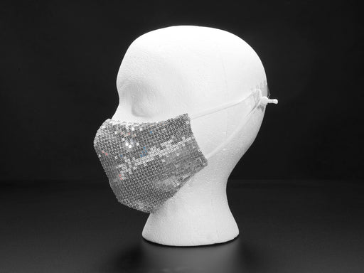 Silver sequined fabric face mask shown on a mannequin