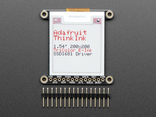 Video of a 1.54" tri-color eInk display assembled on a breadboard with jumper wires and a QT Py. Friendly snake in white-and-red, Blinka, appears on the display.