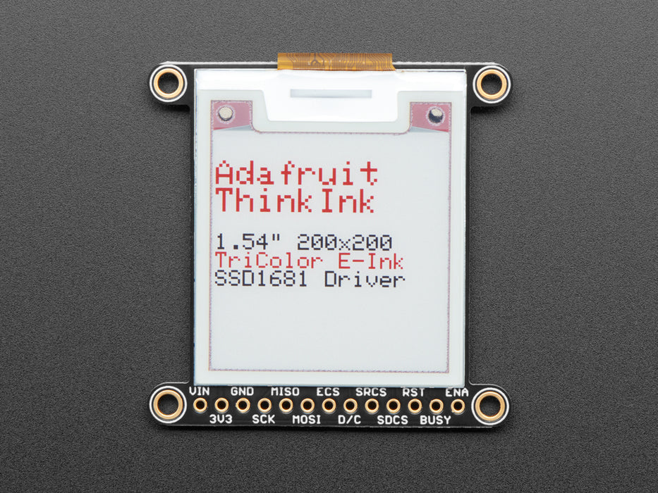 Video of a 1.54" tri-color eInk display assembled on a breadboard with jumper wires and a QT Py. Friendly snake in white-and-red, Blinka, appears on the display.