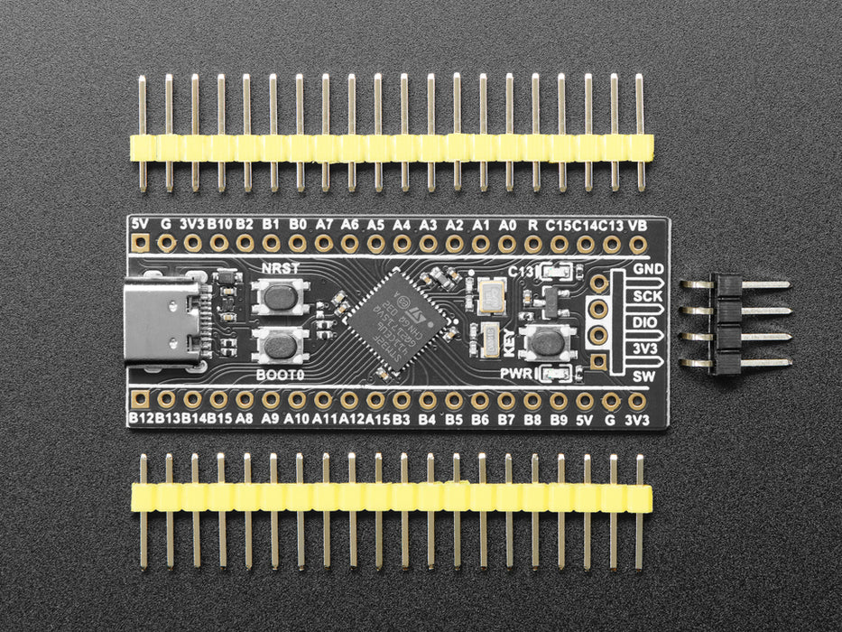 Angled shot of STM32F411 development board.