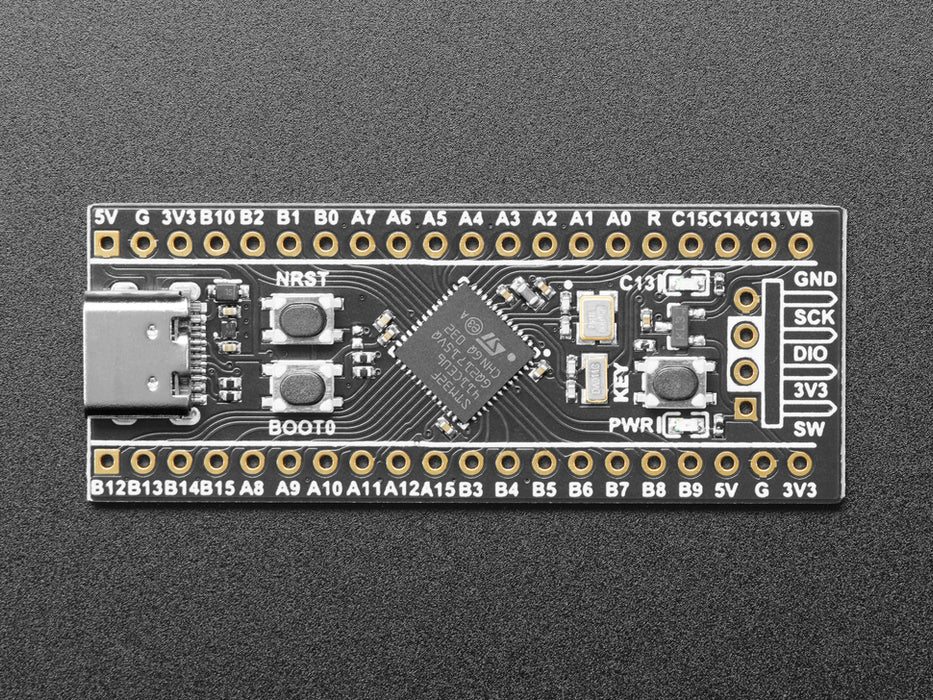 Angled shot of STM32F411 development board.