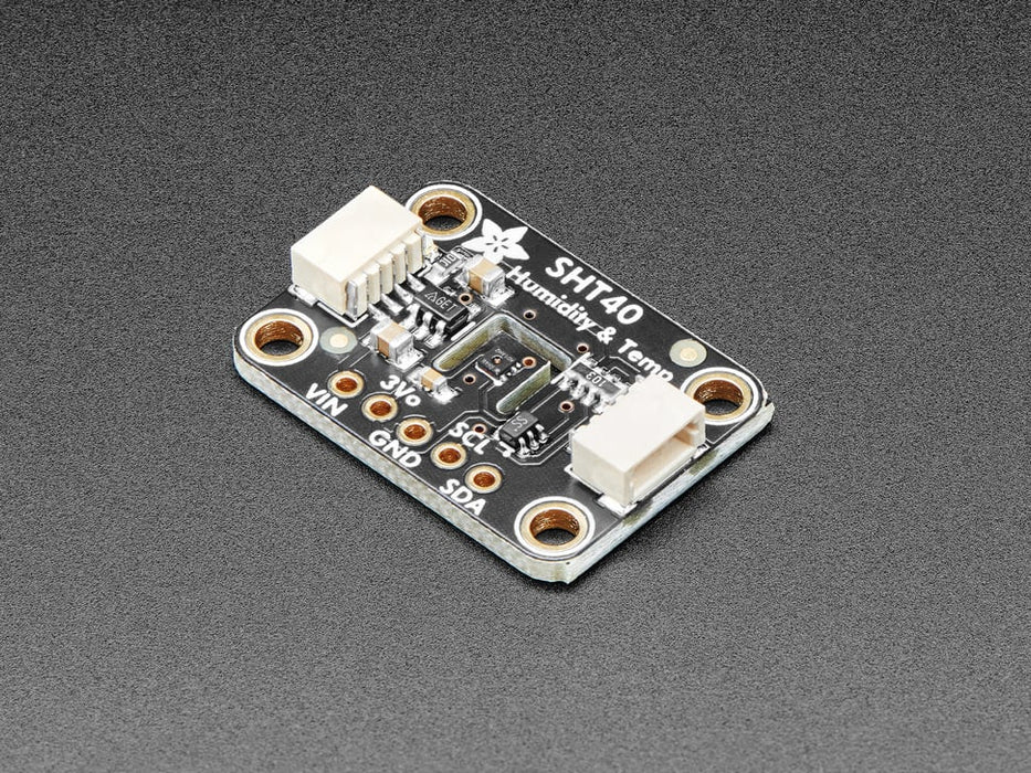 Adafruit Sensirion SHT40 Temperature & Humidity Sensor wired to Feather with QT cable, showing temperature and humidity on OLED.