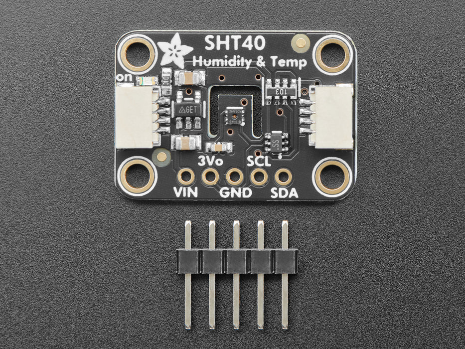 Adafruit Sensirion SHT40 Temperature & Humidity Sensor wired to Feather with QT cable, showing temperature and humidity on OLED.