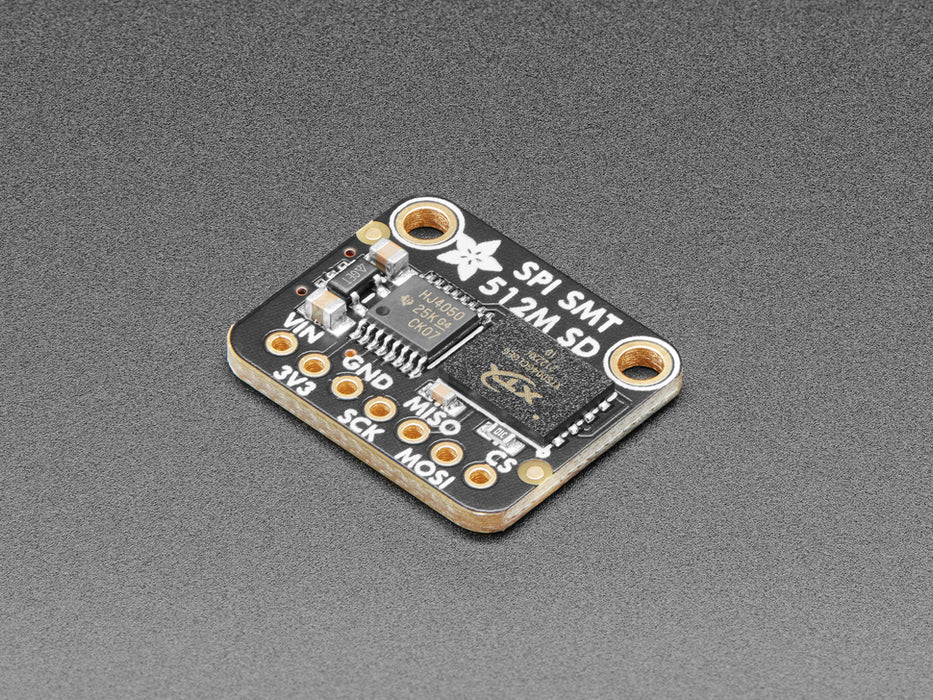 Angled shot of a Adafruit SPI Flash SD Card. 