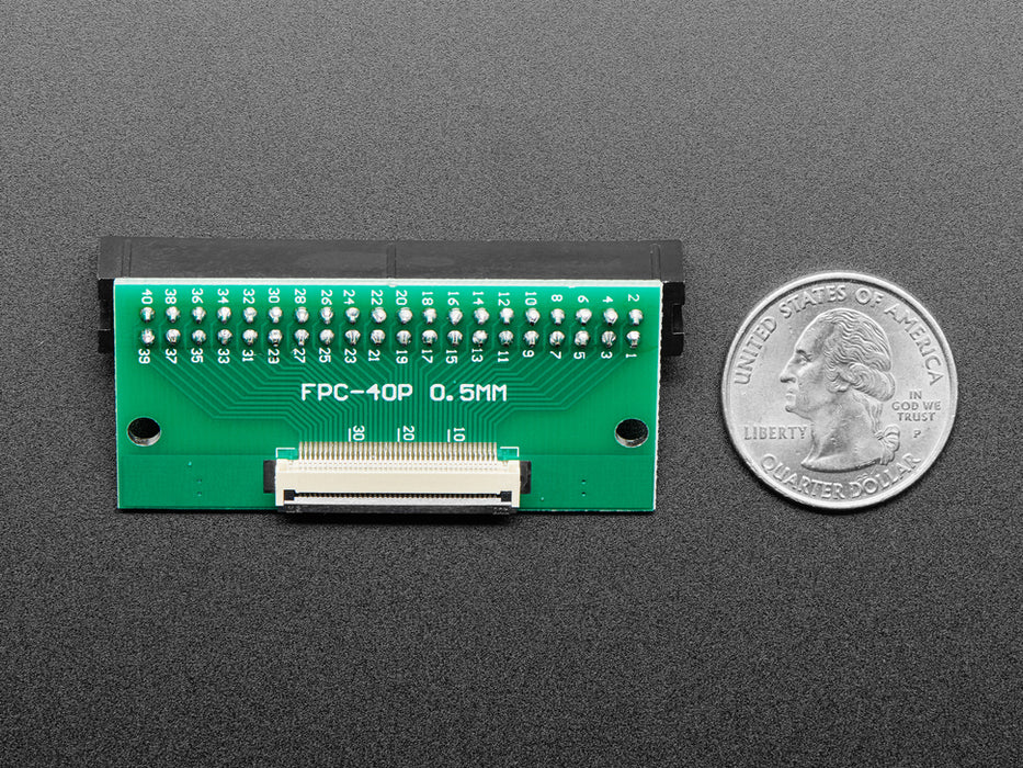 Angled shot of 40-pin FPC to 2x20 IDC Plug header adapter board.