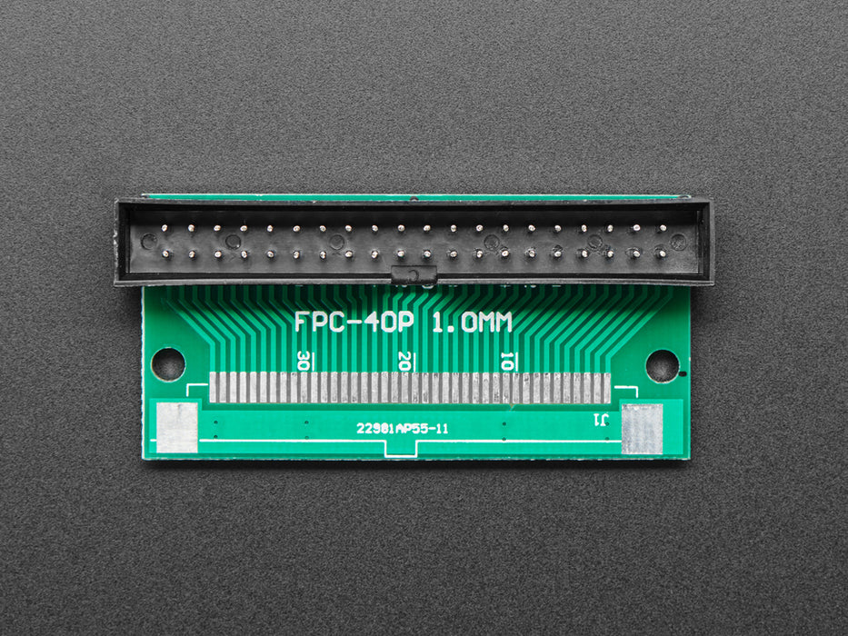 Angled shot of 40-pin FPC to 2x20 IDC Plug header adapter board.