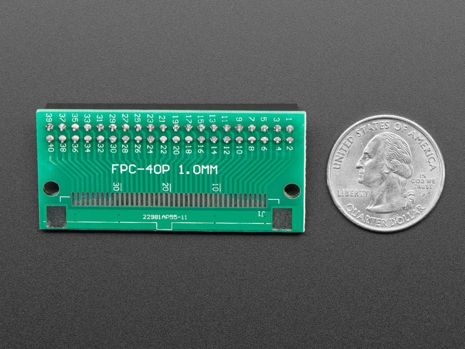 Angled shot of 40-pin FPC connector on 2x20 socket header adapter PCB.