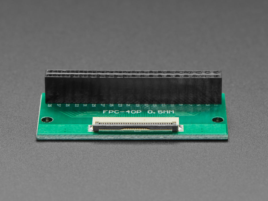 Angled shot of 40-pin FPC connector on 2x20 socket header adapter PCB.