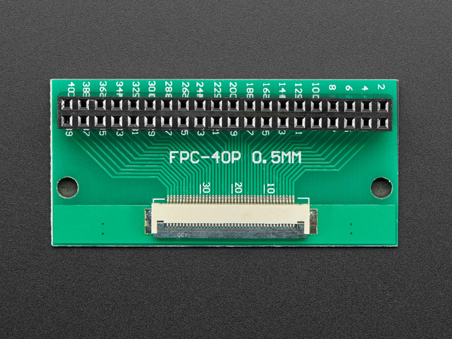 Angled shot of 40-pin FPC connector on 2x20 socket header adapter PCB.