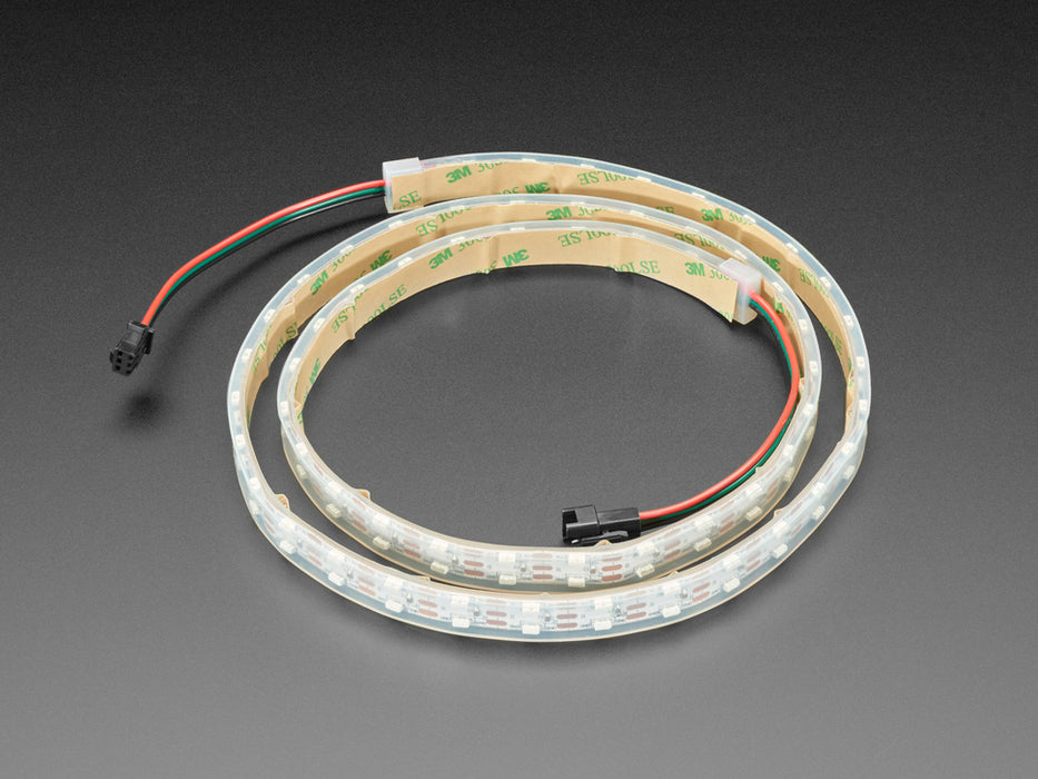 Angled shot of a Dual Edge Side-Light NeoPixel LED Strip with 120 LEDs per meter eliminating blue to purple.  