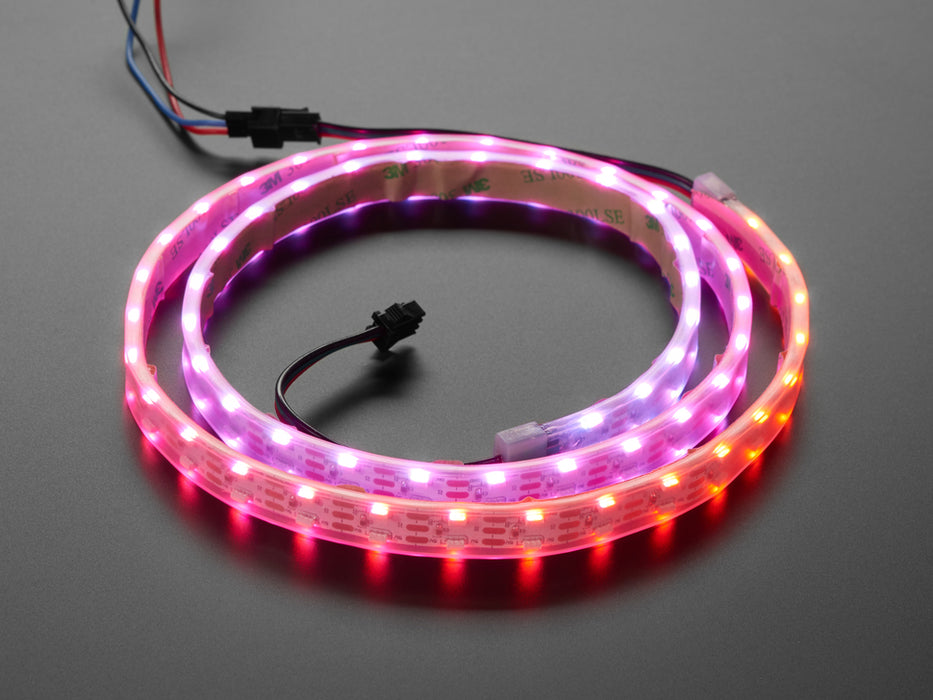 Angled shot of a Dual Edge Side-Light NeoPixel LED Strip with 120 LEDs per meter eliminating blue to purple.  