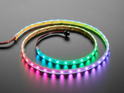 Video of powered-on NeoPixel strip 1 meter long running rainbow LED example code.