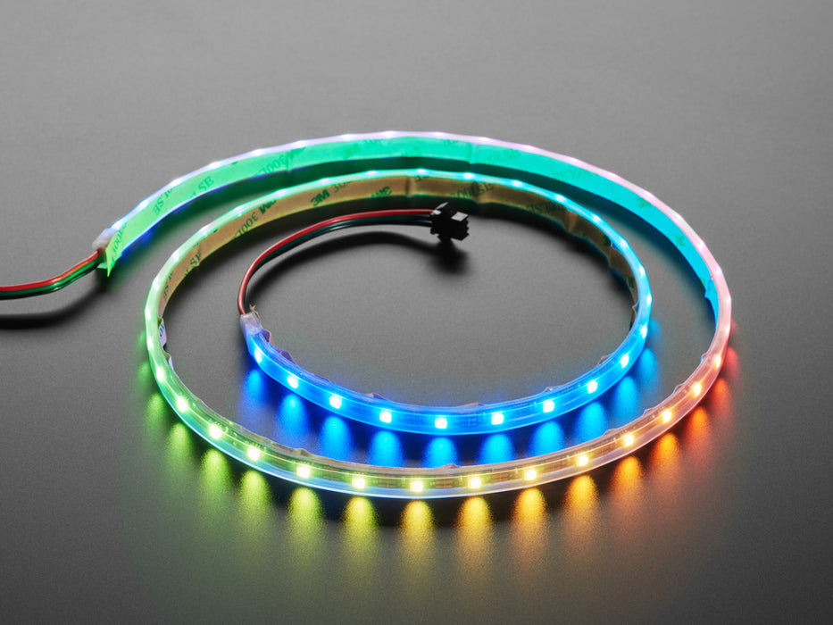 Video of powered-on NeoPixel strip 1 meter long running rainbow LED example code.