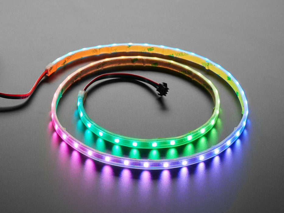 Video of powered-on NeoPixel strip 1 meter long running rainbow LED example code.