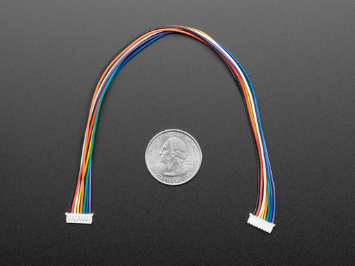 Angled shot of 20cm long 1.25mm pitch 7-pin color-coded cable.