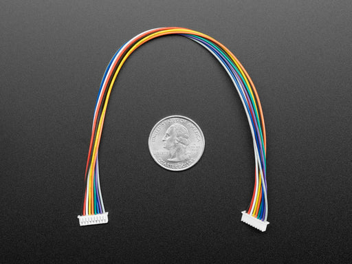 Angled shot of 20cm long 1.25mm pitch color-coded 9-pin cable.