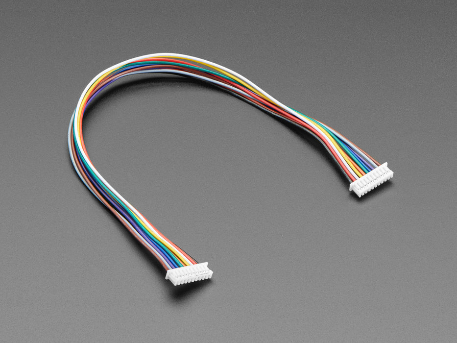 Angled shot of 20cm long 1.25mm pitch 10-pin color-coded cable.