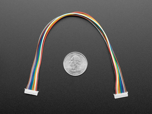 Angled shot of 20cm long 1.25mm pitch 10-pin color-coded cable.