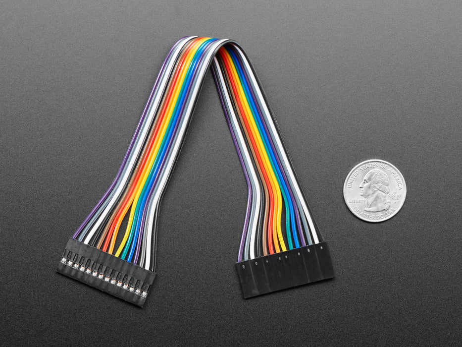 Angled shot of 20cm long 14-pin 2.54mm pitch jumper cable.