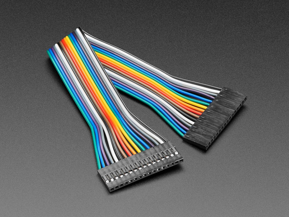 Angled shot of 20cm long 16-pin 2.54mm pitch jumper cable.