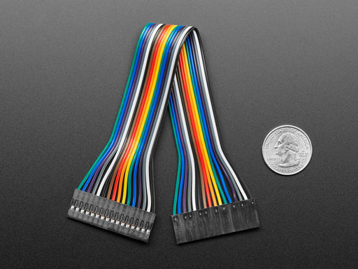 Angled shot of 20cm long 16-pin 2.54mm pitch jumper cable.