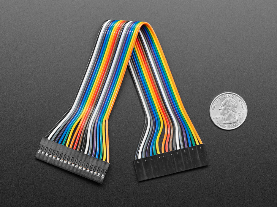 Angled shot of 20cm long 18-pin 2.54mm pitch jumper cable.