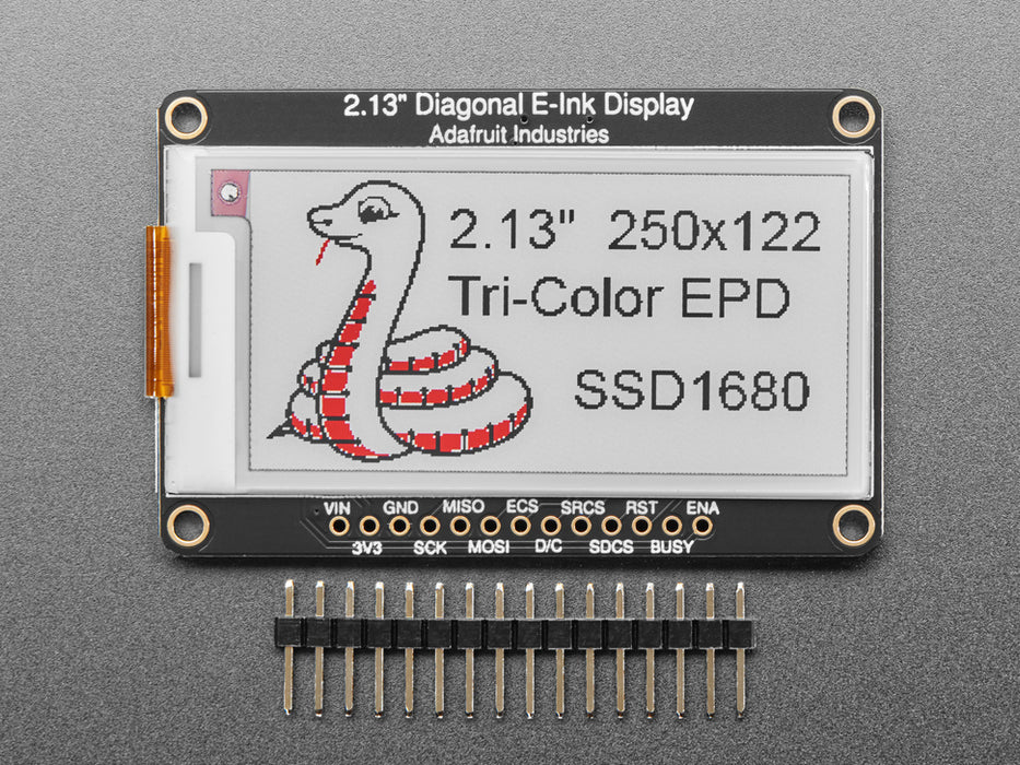 Video of a 2.13" tri-color eInk display assembled on a breadboard with jumper wires and a QT Py. Friendly snake in white-and-red, Blinka, appears on the display.