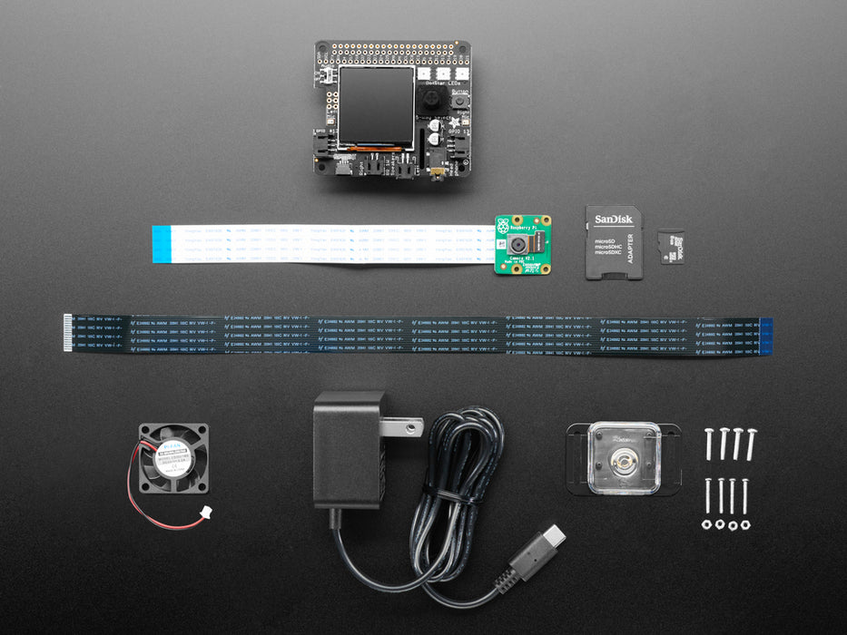 Angled shot of assembled BrainCraft HAT with Raspberry Pi Camera and long FPC ribbon cable