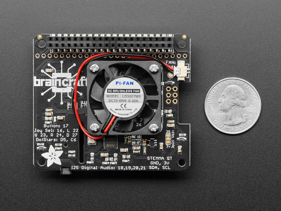 Angled shot of assembled BrainCraft HAT with Raspberry Pi Camera and long FPC ribbon cable.