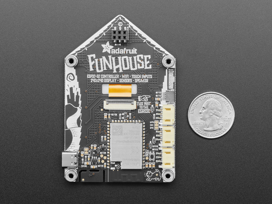 Top-down video of Adafruit Funhouse PCB. The TFT display shows a data readout, and the NeoPixel LEDs glow rainbow colors.