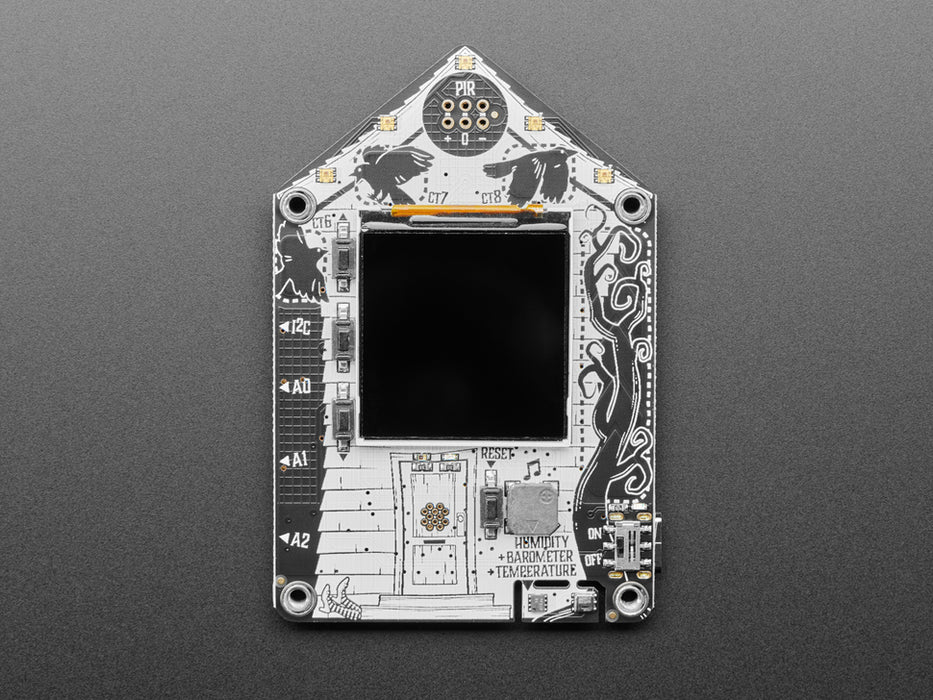 Top-down video of Adafruit Funhouse PCB. The TFT display shows a data readout, and the NeoPixel LEDs glow rainbow colors.