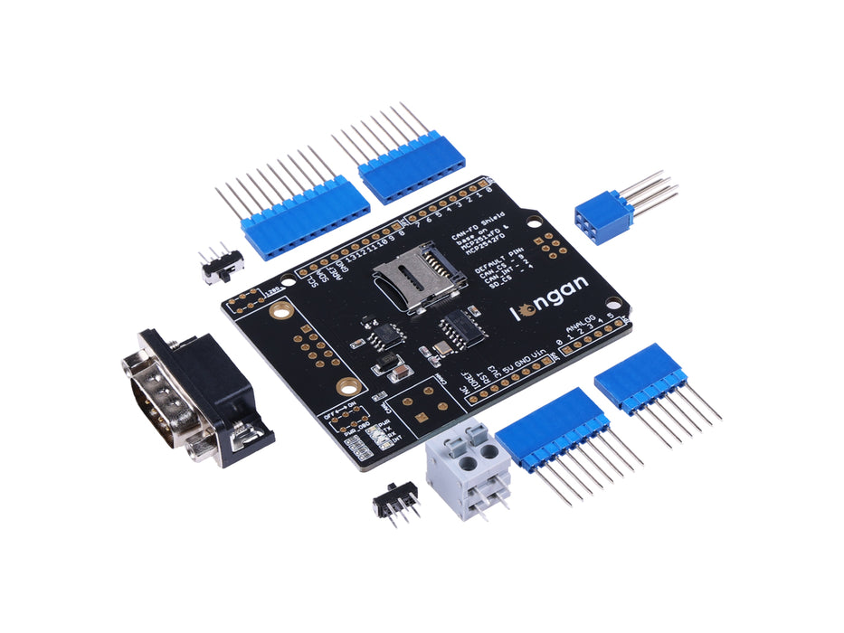 CAN FD Shield for Arduino - CAN-FD, CAN 2.0, industrial standard 9-pin sub-D, high-speed SPI interface, selectable OBD-II and CAN standard pinouts, adjustable chip select and INT pins