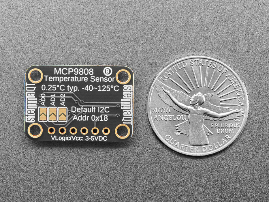 Top view of temperature sensor breakout above an OLED display FeatherWing. The OLED display reads "MCP9808 Temp: 24.19��C"