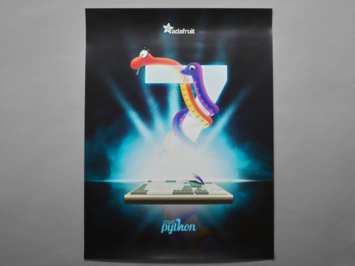 Top view poster art featuring a glowing mystical number 7 above a keyboard. The MicroPython snake mascot as well as Blinka, a friendly pink and purple coding python are wrapped around the number 7.