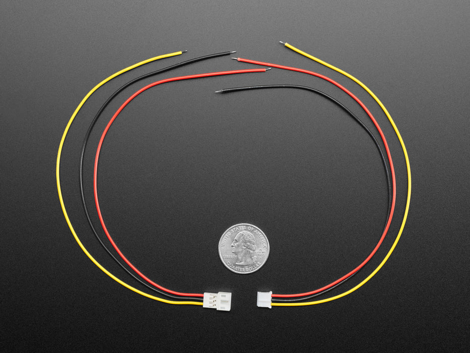 Angled shot of two 2.0mm pitch 3-pin JST PH matching cable pairs. The cables are not connected.